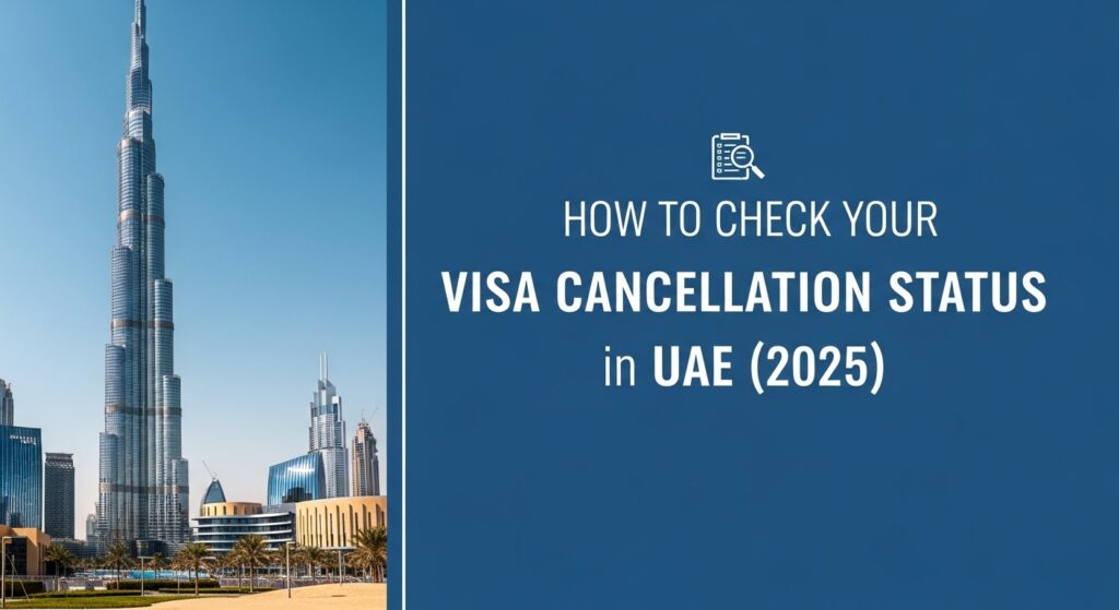 A person confirming their UAE visa cancellation status online, with their passport and a cancelled document on the desk.)