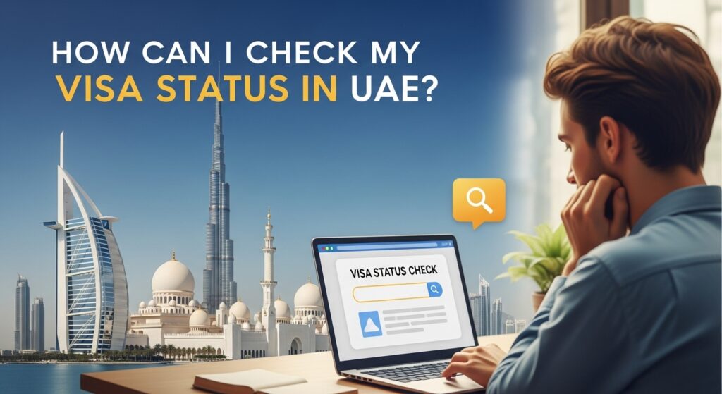 A person checking their UAE visa status on a smartphone using the official government website, with a passport visible on the table